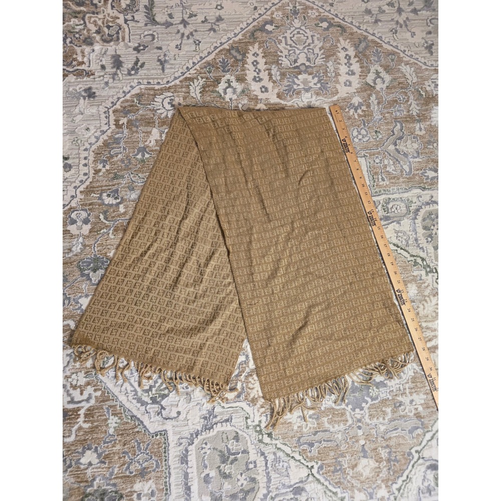 Fendi Zucca Monogram Scarf Tan Beige FF Logo Fringe Trim Rectangle Luxury Scarf - Picture 9 of 16